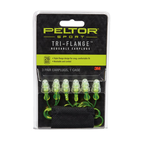 Earplugs - Peltor™ Sport Tri-Flange™ Corded Reusable 97317-10DC, 3 Pair Pack Neon Yellow