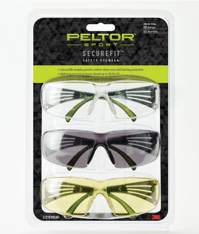 Eyewear - Peltor™ Sport SecureFit™ Safety Eyewear, 3 Pack: Clear + Amber + Gray Lenses, AF